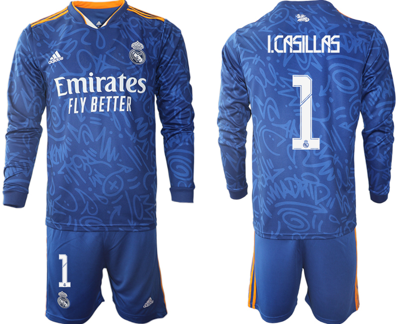 Men 2021-2022 Club Real Madrid away blue Long Sleeve #1 Soccer Jerseys->real madrid jersey->Soccer Club Jersey